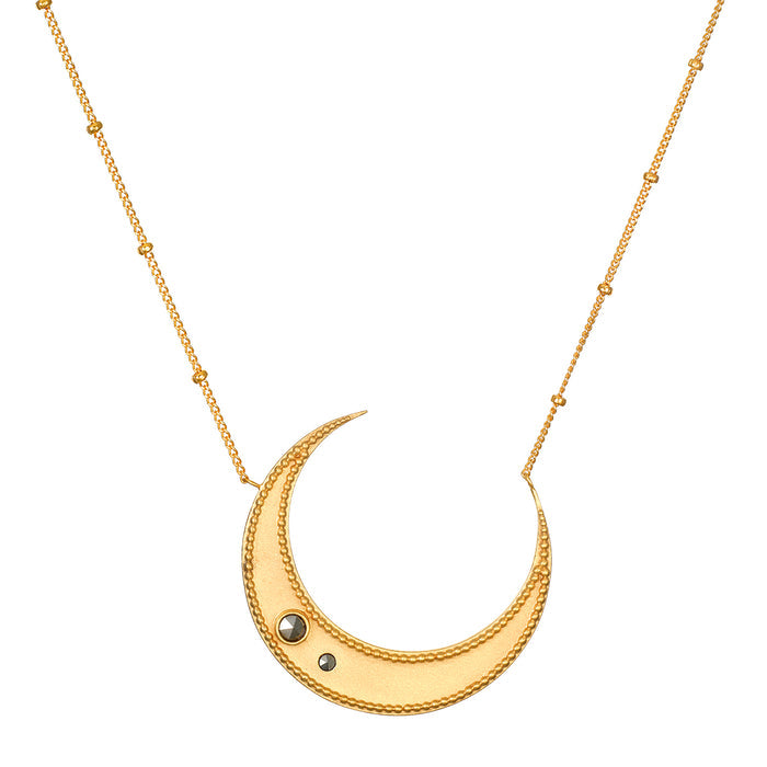 Eternal Guidance Moon Necklace by Satya Jewelry, featuring a gold plated crescent moon pendant adorned with pyrite stones. This beautiful spiritual jewelry symbolizes nourishment and protection, perfect for meditation and yoga practices, like a meaningful talisman for manifestation.