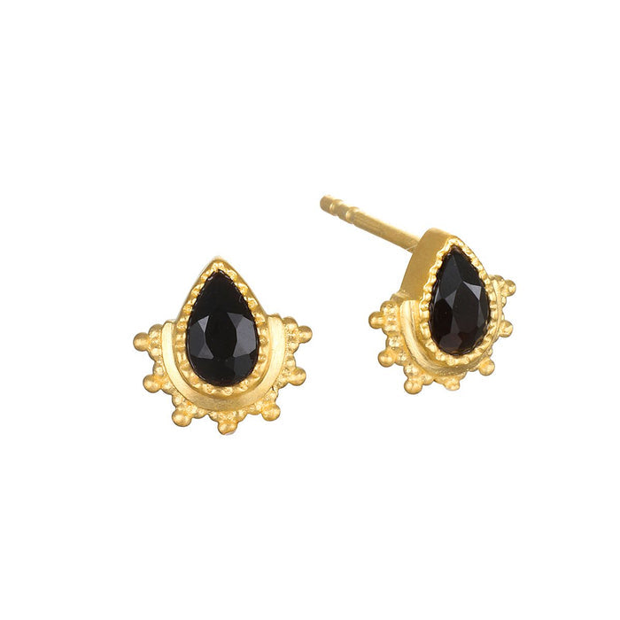 Eternal Light Black Onyx Stud Earrings featuring pear-shaped black onyx stones set in 18kt gold plate, embodying spiritual jewelry and meaningful charms for protection and meditation.