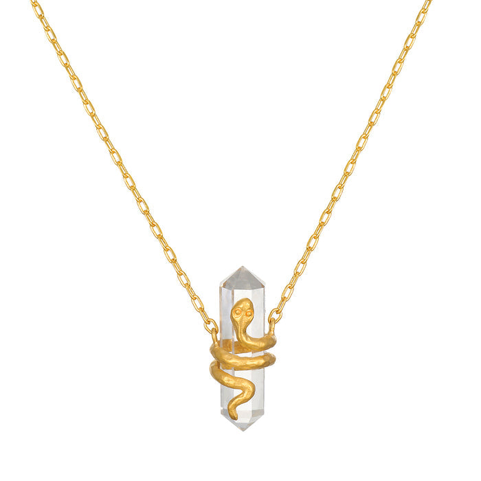 Eternal Spirit Clear Quartz Snake Necklace featuring a gleaming snake symbolizing transformation and clarity, ideal for spiritual jewelry, meditation, and as a meaningful talisman for protection and manifestation.