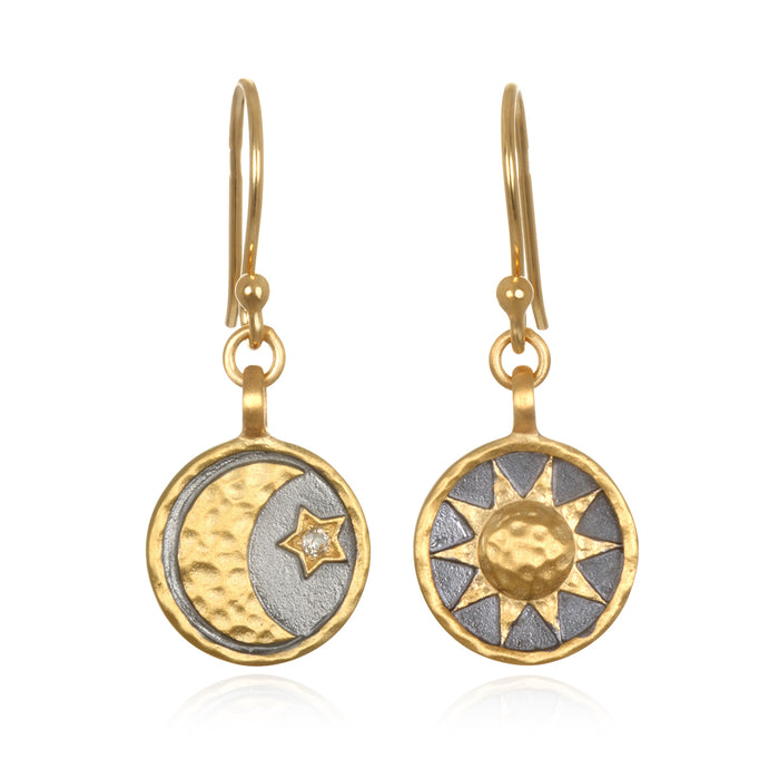 Ethereal Balance Earrings featuring a hammered moon and star design, representing spirituality and protection through meaningful symbols of the sun and moon. Ideal for yoga and meditation enthusiasts, these spiritual jewelry pieces promote manifestation and connection to zodiac meanings.