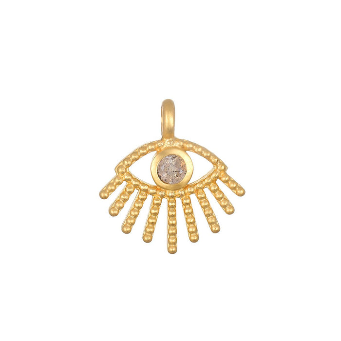 An Evil Eye Labradorite Charm featuring an intricate gold design with a faceted labradorite stone, symbolizing protection and intuition. This spiritual jewelry charm serves as a meaningful talisman for meditation and manifestation.