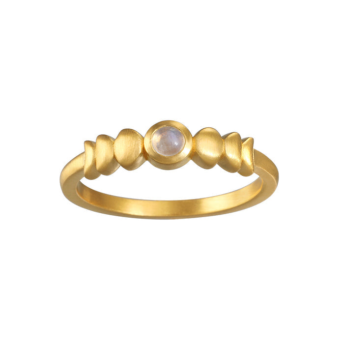 Evolving Goddess Moonstone Ring featuring a golden design with a beautiful 3mm moonstone, embodying spiritual jewelry perfect for meditation, manifestation, and zodiac meanings. This talisman represents nourishment and protection, connecting with lunar energy.