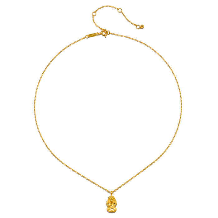 Solo shot of the Favored by Fortune Ganesha Necklace, illustrating its delicate 18kt gold plating and significance in manifestation and spiritual enlightenment.