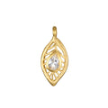 The Feather White Topaz Charm featuring an intricate open-work feather design in 18kt gold plating, symbolizing freedom and hope, ideal for spiritual jewelry, meditation, and manifestation.