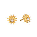 Pair of gold sun-shaped stud earrings with white pearl centers and textured details.