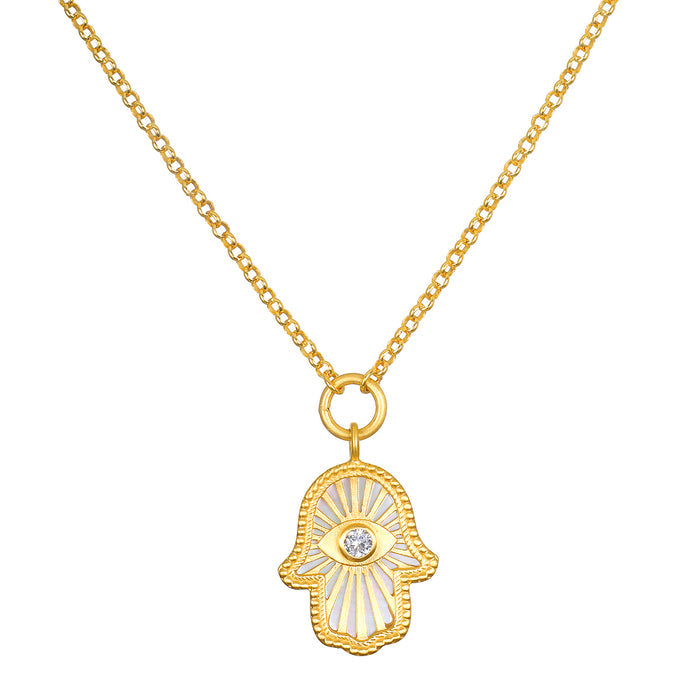 Gaining Clarity White Topaz and Mother of Pearl Hamsa Reversible Necklace showcased elegantly, representing spiritual jewelry and protection. This meaningful piece enhances meditation and manifestation, embodying the essence of a talisman for yoga enthusiasts and anyone seeking clarity in their zodiac journey.