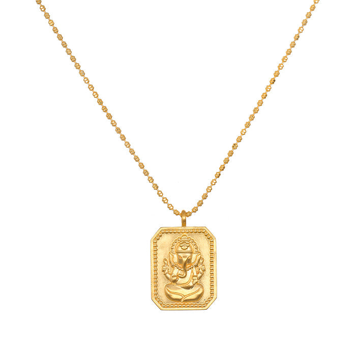 Ganesha Hindu God, Bestower of Good Fortune Necklace featuring an 18kt gold plated pendant. This spiritual jewelry piece symbolizes good fortune and is perfect for meditation and manifestation, serving as a meaningful talisman for protection and yoga practices.