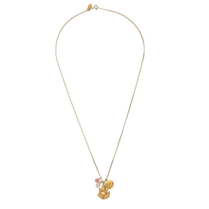 Ganesha Hindu God, Loving Harmony Necklace featuring an 18kt gold plated charm with rose quartz and cherry quartz accents. This piece embodies spiritual jewelry perfect for meditation gifts and yoga practices, symbolizing meaningful connections, manifestation, and protection during spiritual journeys.