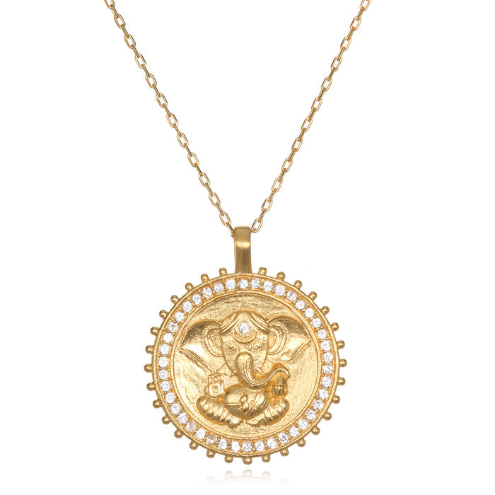 Ganesha Hindu God, Path to Success Necklace featuring an intricate Ganesha pendant with white topaz stones, representing spiritual jewelry that inspires meditation and manifestation. Ideal as a talisman for protection in yoga and spiritual practices, this necklace embodies meaningful energy for those seeking guidance from the sun and moon.