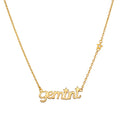 Gemini Expression Zodiac Script Necklace featuring a stylish gold design, symbolizing communication and adaptability in spiritual jewelry, perfect for meditation and manifestation.