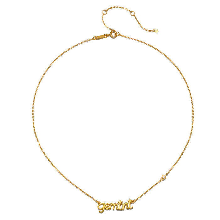 Gemini Expression Zodiac Script Necklace displayed flat, emphasizing its beauty and significance as a piece of spiritual jewelry for manifestation and connection to zodiac traits.