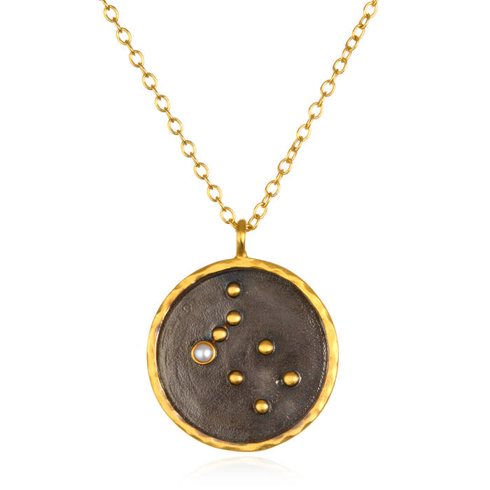 Gemini Zodiac Necklace featuring a circular pendant with a pearl, symbolic of duality and curiosity, perfect for spiritual jewelry, meditation gifts, mantra, and yoga practices, embodying meaningful and protective qualities of the zodiac.
