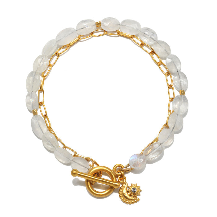 Goddess Wisdom Moonstone Beaded and Chain Toggle Bracelet displayed elegantly, showcasing its moonstone and gold-plated links, perfect for spiritual jewelry, meditation, and protection in your yoga practice.