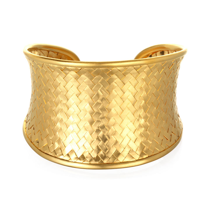 Gold Medium Basketweave Bracelet Cuff, a stylish and spiritually infused piece of jewelry perfect for meditation gifts and yoga. This meaningful cuff, with its intricate design, symbolizes protection and manifestation, making it a sacred addition to your spiritual jewelry collection. Ideal for those who appreciate the deeper meanings behind their accessories, it resonates with the energies of the zodiac and serves as a beautiful amulet.