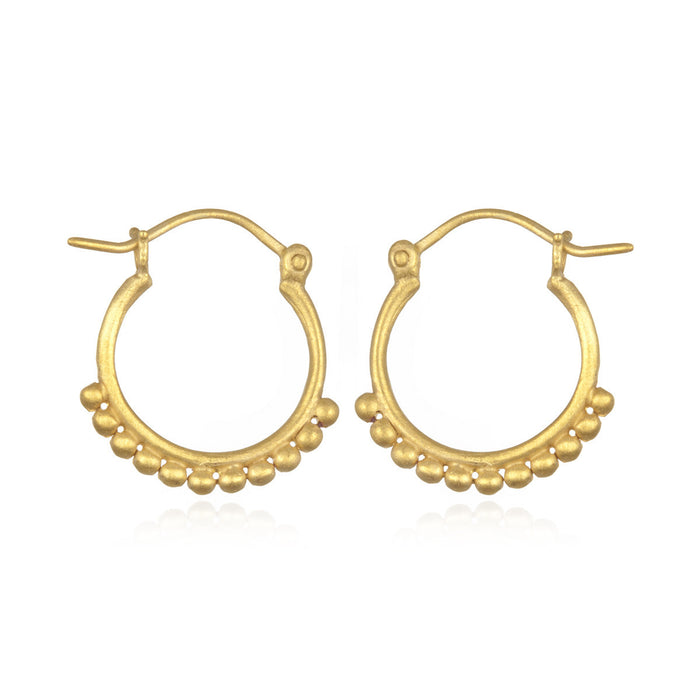 Gold Small Samsara Hoop Earrings featuring a unique design with raised dots, perfect for spiritual jewelry enthusiasts seeking meaningful accessories that symbolize manifestation and protection during meditation and yoga.