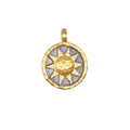Golden Sun Gunmetal Charm featuring an 18kt gold plated sun over a gunmetal background, symbolizing vitality and leadership, ideal for spiritual jewelry, meditation, and meaningful manifestation. Perfect as a talisman for yoga practices, this charm embodies protection and zodiac energies.