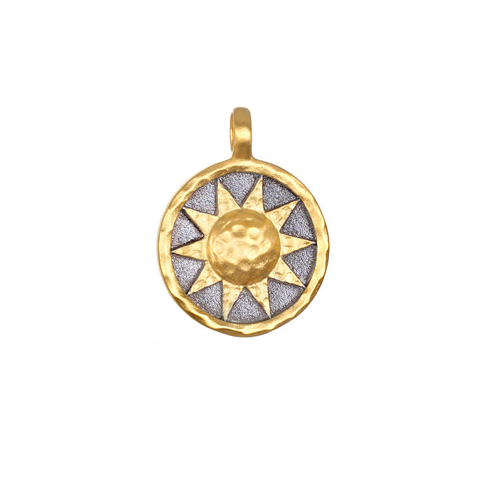 Golden Sun Gunmetal Charm featuring an 18kt gold plated sun over a gunmetal background, symbolizing vitality and leadership, ideal for spiritual jewelry, meditation, and meaningful manifestation. Perfect as a talisman for yoga practices, this charm embodies protection and zodiac energies.