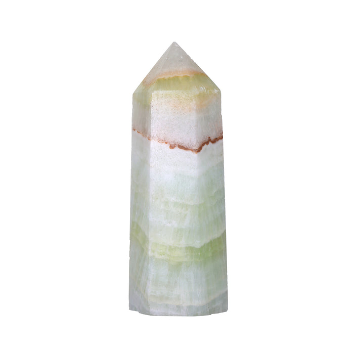 Polished calcite point with green, white, and tan banding and a pointed apex.
