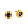 Grounding Energy Garnet Stud Earrings featuring round garnet gemstones surrounded by 18kt gold plating, perfect for anyone seeking spiritual jewelry that enhances strength and promotes meditation. These earrings serve as a meaningful talisman for protection and manifestation in everyday wear.