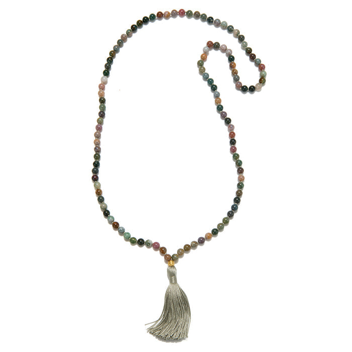 Grounding Fancy Jasper Gemstone Mala featuring 108 unique fancy jasper beads, designed for spiritual connection and meditation, symbolizing focus and creativity. This mala serves as a meaningful talisman for protection during yoga and manifestation practices.