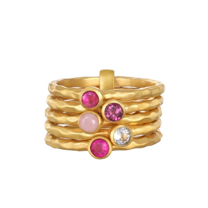 Guided by Love Gemstone Stacked Ring featuring a beautiful array of rose quartz, rainbow moonstone, rani quartz, white topaz, and pink chalcedony, ideal for those seeking spiritual jewelry and meaningful talismans for meditation and manifestation. Perfect for yoga enthusiasts and a beautiful symbol of love and protection under the sun and moon, embodying the essence of zodiac energy.