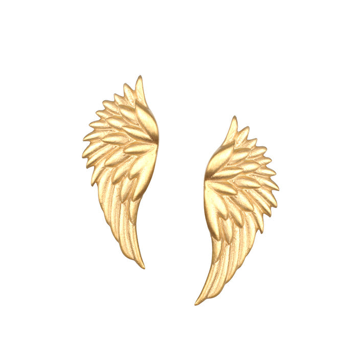 Guided Journey Angel Wing Stud Earrings, beautifully crafted in 18k gold plate over brass, symbolize spiritual guidance and protection. These meaningful pieces of spiritual jewelry are perfect for meditation, serve as a talisman, and resonate with energies of the sun and moon. Ideal for yoga enthusiasts and those on a journey of manifestation.