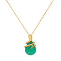 Guiding Energy Green Onyx Snake Necklace featuring a vivid green onyx stone cradled by a serpent in 18kt gold plating. This spiritual jewelry symbolizes grounding and guidance, perfect for meditation and protection rituals. Ideal for zodiac enthusiasts, this meaningful talisman enhances manifestation during yoga or other spiritual practices.