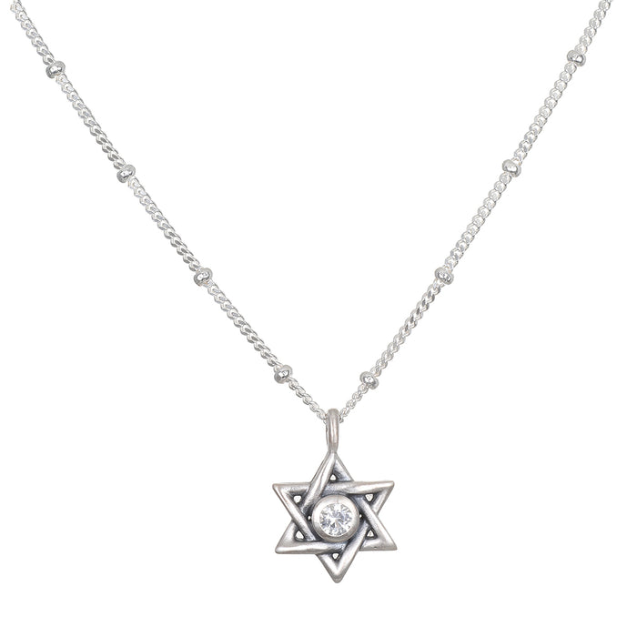 Guiding Faith Silver Star of David Necklace showcased elegantly, featuring a sparkling white topaz at its center. This spiritual jewelry serves as a talisman for protection and meditation, embodying the meaning of faith and connection to the universe. Perfect for yoga practitioners and those seeking meaningful adornments for manifestation.