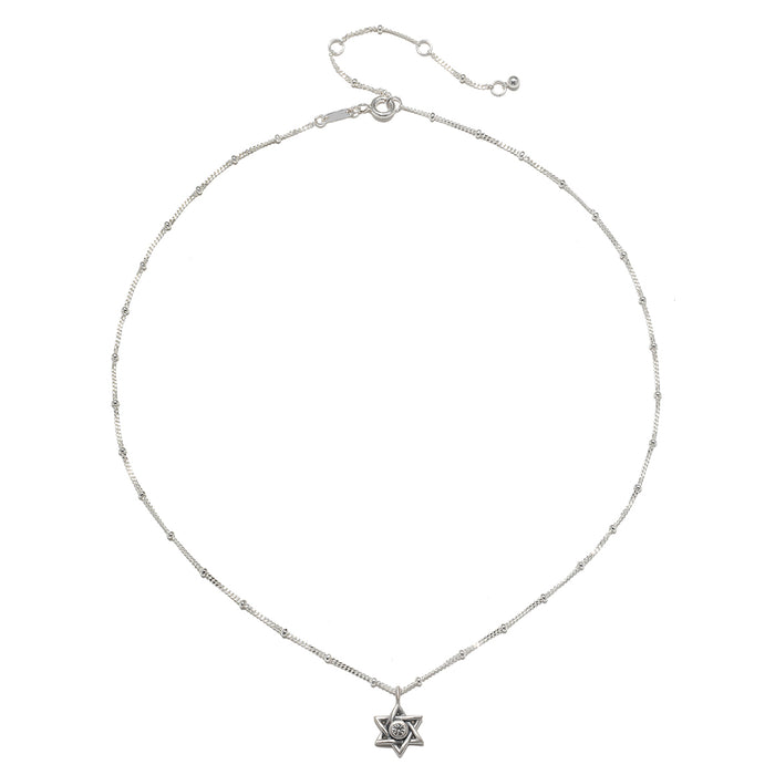 Another view of the Guiding Faith Silver Star of David Necklace, highlighting its delicate chain design. This spiritual piece is more than just jewelry; it represents hope and protection, making it an ideal companion for meditation and reflection on the sun and moon energies in one's life.