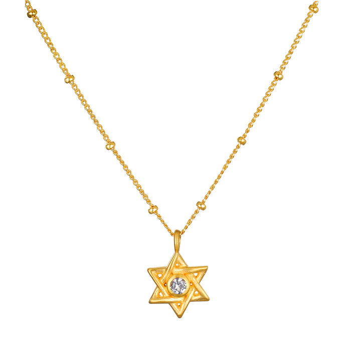 Guiding Faith Star of David Necklace showcased with a 3mm faceted round white topaz, perfect for spiritual jewelry and meditation. This meaningful talisman represents connection to faith and protection, ideal for yoga, manifestation, and zodiac enthusiasts.