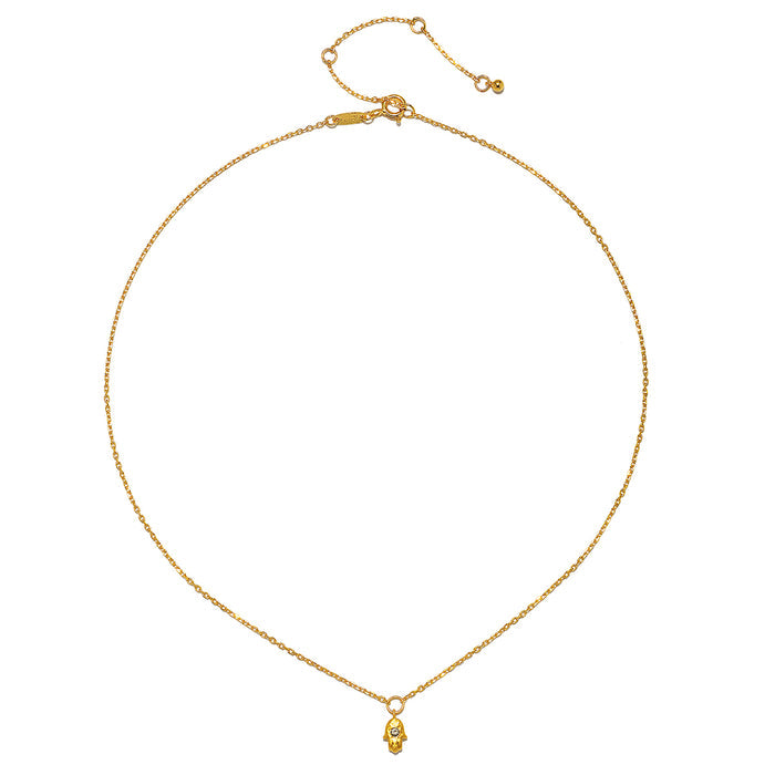 The Guiding Hand Mini Hamsa Necklace displayed against a plain background, highlighting its 18kt gold plated finish and labradorite stone, a beautiful piece of spiritual jewelry symbolizing protection and meditation.