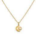 Guiding Star Celestial White Topaz Necklace showcasing an intricately designed crescent moon and star pendant, embodying spiritual jewelry for meditation and manifestation. This beautiful piece represents protection from the moon and sun, making it a meaningful talisman for yoga and zodiac practices.