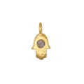 Hamsa Labradorite Charm featuring an 18kt gold plated hamsa symbol with a faceted round labradorite stone, representing protection and blessings. This spiritual jewelry piece is perfect for meditation, acting as a talisman for meaningful manifestation and enhances your yoga practice.