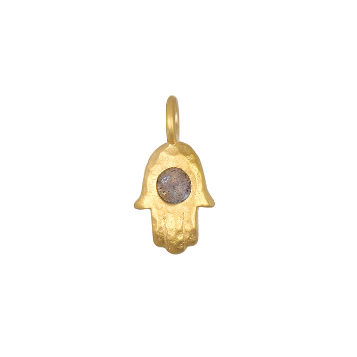 Hamsa Labradorite Charm featuring an 18kt gold plated hamsa symbol with a faceted round labradorite stone, representing protection and blessings. This spiritual jewelry piece is perfect for meditation, acting as a talisman for meaningful manifestation and enhances your yoga practice.
