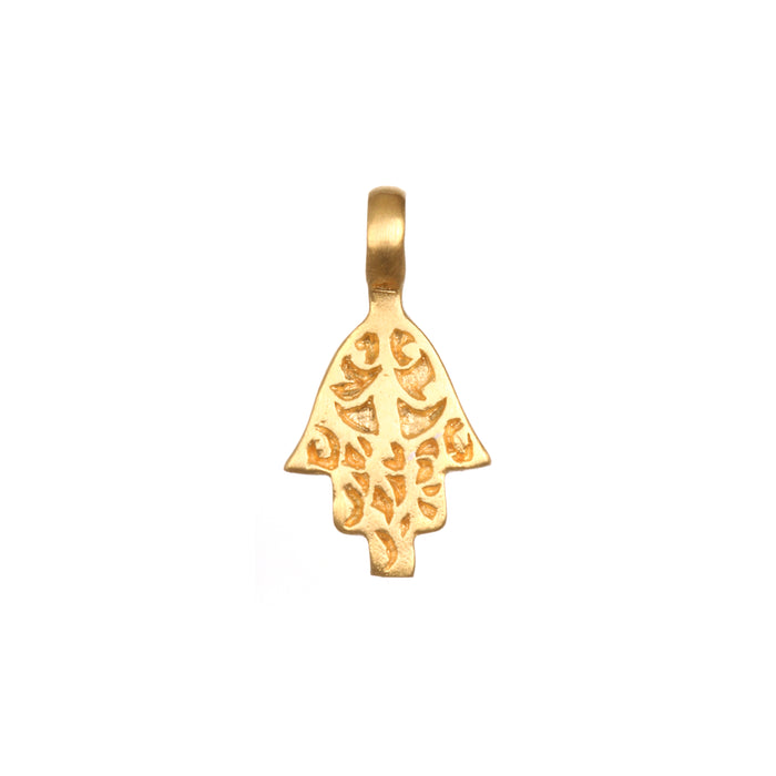 Hand of Protection Charm in 18kt gold plate showcasing intricate hamsa design. This spiritual jewelry serves as a meaningful talisman for protection and meditation, perfect for yoga practitioners seeking peace and manifestation in their lives.