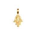 Hand of Protection Charm in 18kt gold plate showcasing intricate hamsa design. This spiritual jewelry serves as a meaningful talisman for protection and meditation, perfect for yoga practitioners seeking peace and manifestation in their lives.