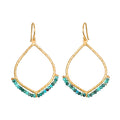 Pair of gold-toned teardrop-shaped earrings with turquoise beads along the bottom edge and hook-style ear wires.