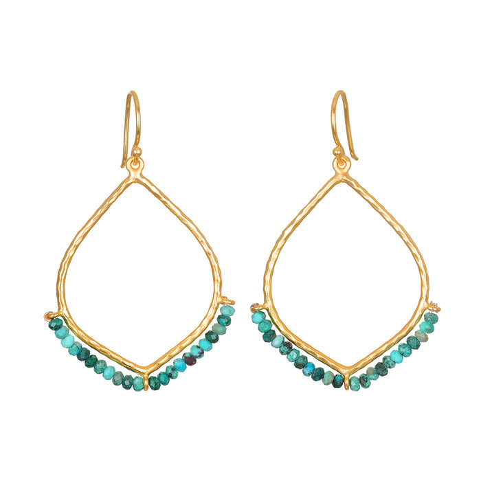 Pair of gold-toned teardrop-shaped earrings with turquoise beads along the bottom edge and hook-style ear wires.
