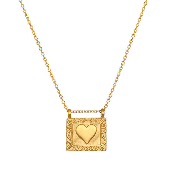 Heart Centered Gold Necklace featuring a stylish 18kt gold plated pendant with a heart motif, embodying love and compassion, perfect for spiritual jewelry, meditation, and meaningful occasions.
