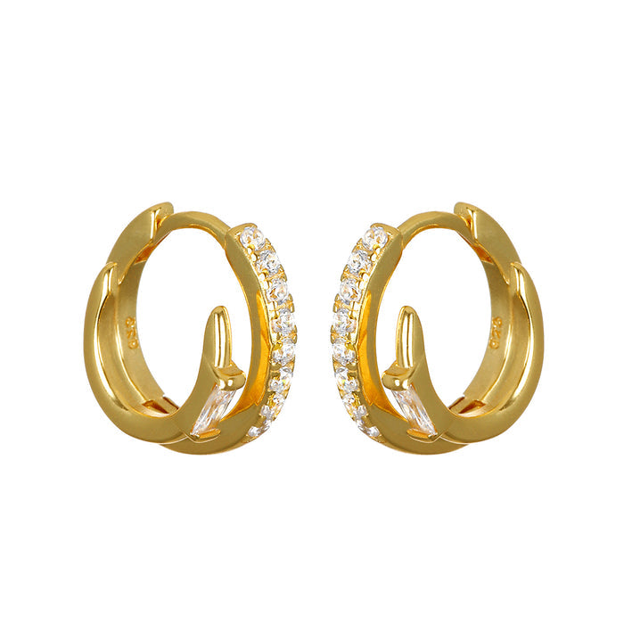 Pair of gold-tone hoop earrings with cubic zirconia stones set along the outer edge and rectangular accents.