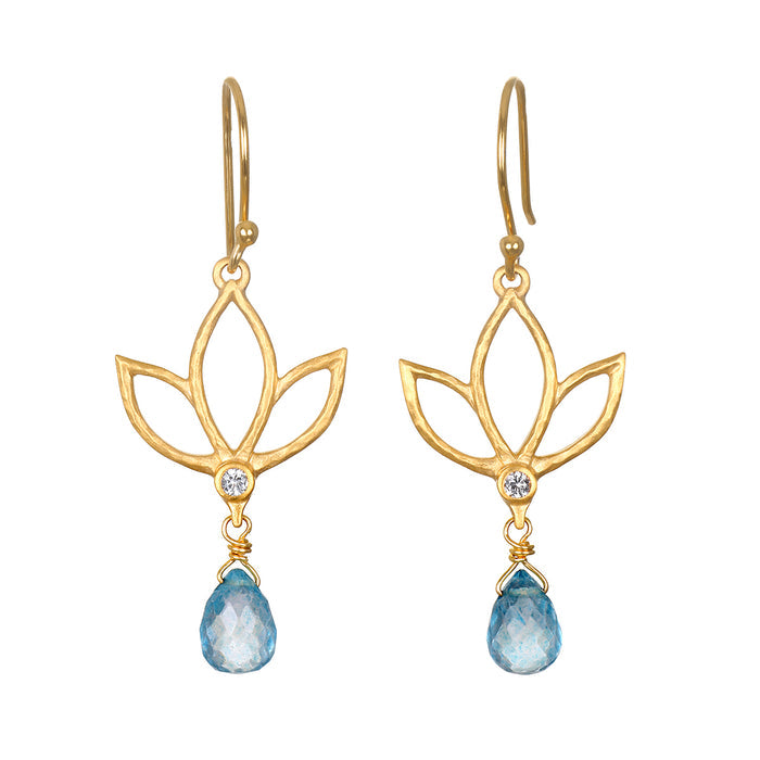 Ignite Renewal Blue Topaz Lotus Drop Earrings featuring a beautiful lotus design with sparkling blue topaz, perfect for those seeking spiritual jewelry. This meaningful piece symbolizes transformation and renewal, making it an ideal talisman for meditation and manifestation. Ideal for yoga enthusiasts and zodiac lovers, the earrings embody the essence of protection and harmony under the sun and moon.