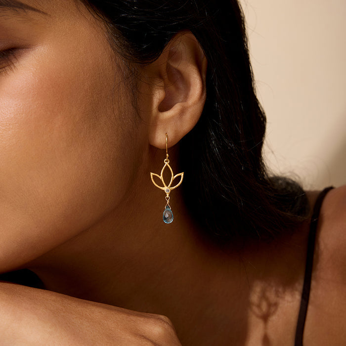 Close-up of Ignite Renewal Blue Topaz Lotus Drop Earrings, featuring a delicate lotus design with blue topaz, symbolizing new beginnings and transformation, ideal for spiritual jewelry, meditation, and meaningful manifestations.