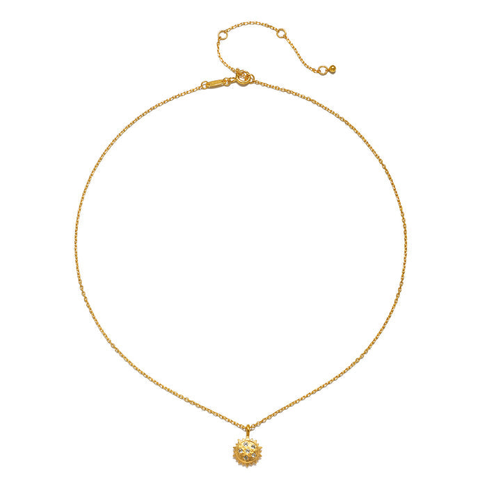 Gold-tone chain necklace with textured round pendant and adjustable clasp.