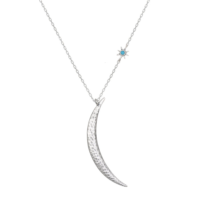 Illuminated Path Silver Moon Necklace featuring a hammered crescent moon design, complemented by a turquoise star charm, symbolizing spiritual jewelry, meditation, and protection, perfect for yoga and meaningful manifestation.