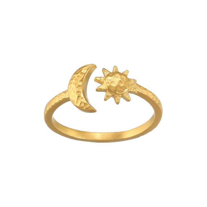 Illuminated Spirit Moon Sun Adjustable Ring showcasing a crescent moon and sun design, symbolizing spiritual jewelry, protection, and vitality. Perfect for meditation and meaningful manifestation, it embodies the essence of charm and zodiac energies.