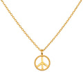In Pursuit of Peace Necklace featuring a gold peace insignia on a delicate chain, embodying spiritual jewelry and meaning for meditation and manifestation.