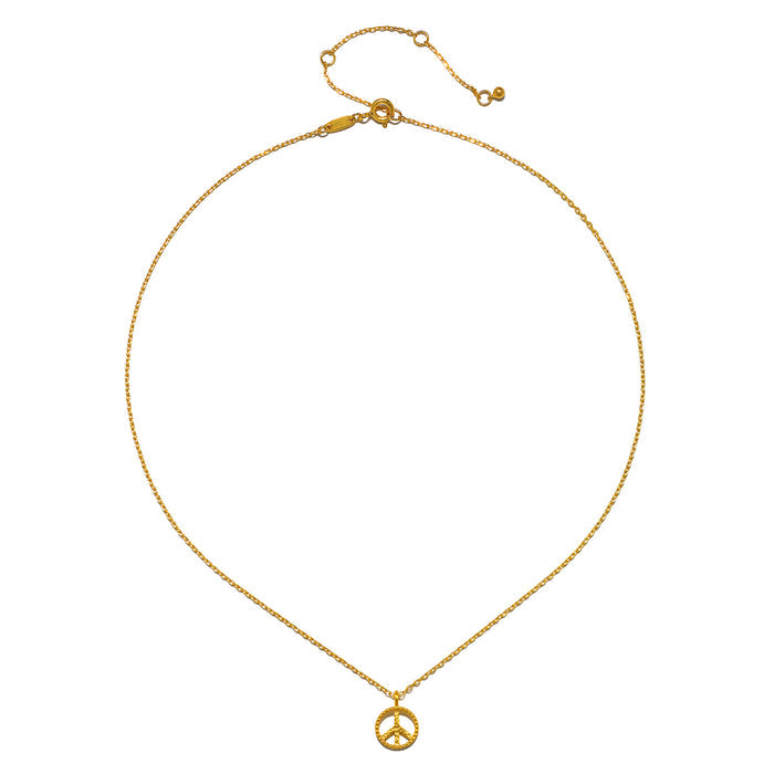 The In Pursuit of Peace Necklace displayed elegantly, showcasing its 18kt gold plating, symbolizing peace and serving as a talisman for meditation and spiritual practices.