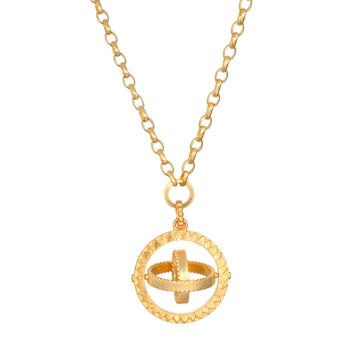 Infinite Devotion White Topaz Spinner Mandala Necklace featuring a gold-plated design, symbolizing spiritual jewelry and meditation, ideal as a talisman for zodiac signs and meaningful for protection and manifestation during yoga practices.