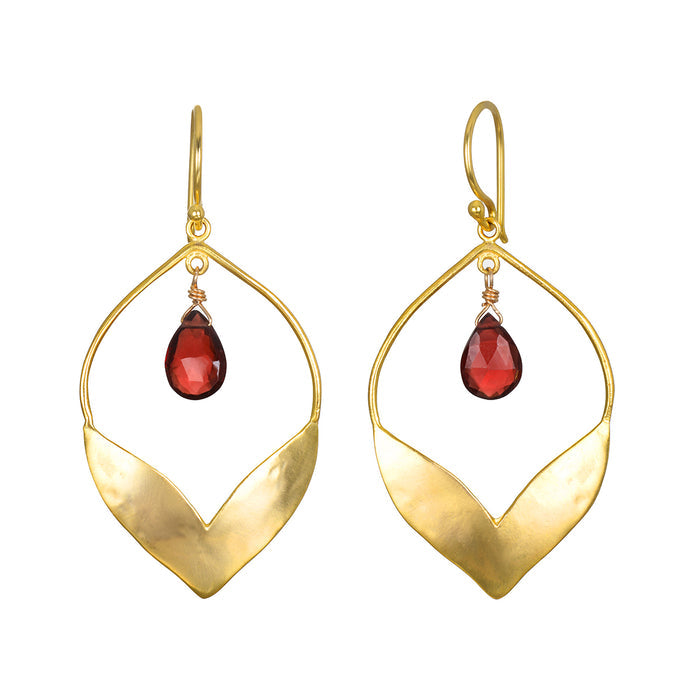Close-up of Infinite Possibilities Garnet Lotus Earrings showcasing finely crafted 18kt gold plate with garnet drops, perfect for spiritual jewelry, meditation, and meaningful expressions of transformation.