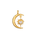 Infinite Possibilities Moonstone Celestial Charm featuring an intricate design of a crescent moon and a radiant sun with a faceted white topaz. This piece symbolizes spiritual jewelry and serves as a talisman for protection and meaningful manifestation, perfect for yoga and meditation enthusiasts.